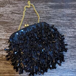 Vintage Satin Lined Beaded Black Formal Bag